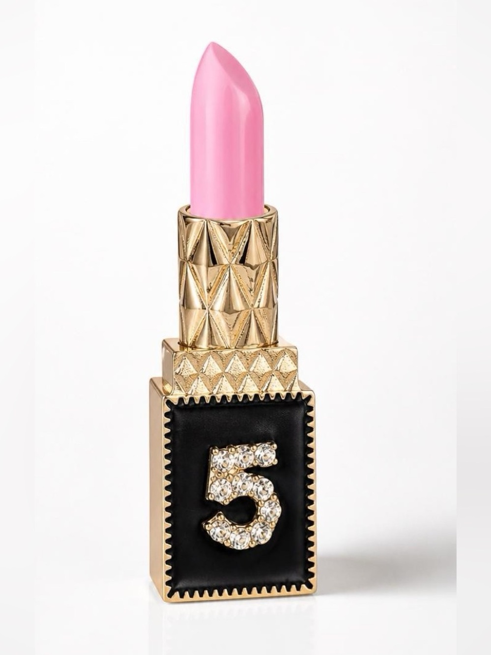 Elegant Pink 5 Lipstick Brooch with Gold and Black Rhinestone Accents